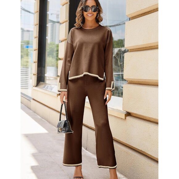 Women's Brown Long Sleeve Knit Sweater Top & Wide Leg Pants Lounge Set - Picture 2 of 6